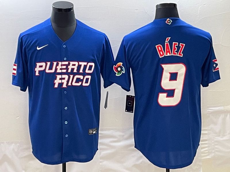 Men 2023 World Cub Puerto Rico 9 Baez Blue Nike MLB Jersey2
